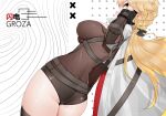  absurdres ass ass_focus black_bodysuit blonde_hair bodysuit bow breasts cape check_commentary chinese_commentary commentary_request cowboy_shot dutch_angle girls&#039;_frontline girls&#039;_frontline_2:_exilium hair_bow highres long_hair ots-14_(girls&#039;_frontline) ponytail red_eyes short_shorts shorts simple_background skindentation thighs yinqianren 