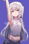  1boy absurdres arm_up armpits braid highres jamee_(action845) long_hair looking_at_viewer midriff navel otoko_no_ko purple_background short_shorts shorts silver_hair simple_background single_braid solo tongkkangi tongkkangi_(streamer) twintails twitch.tv yellow_eyes 