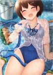  1girl blue_neckwear blue_swimsuit brown_hair bucket cleaning_brush closed_eyes commentary_request cowboy_shot dress_shirt hair_ornament hairclip highres hose minato_ojitan original school_swimsuit see-through shirt short_hair solo striped striped_neckwear swimsuit water white_shirt 