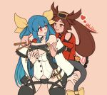  2girls blue_hair brown_eyes brown_hair dizzy_(guilty_gear) feeding food guilty_gear guilty_gear_xrd hair_ribbon highres kuradoberi_jam long_hair multiple_girls red_eyes ribbon twintails very_long_hair yuri 