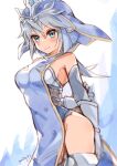  1girl bare_hips bare_shoulders blue_eyes blue_hair breasts cibella detached_sleeves dragalia_lost eyebrows_visible_through_hair headdress highres large_breasts looking_at_viewer mukatsukupochi short_hair solo thighs upper_body 