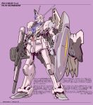  clenched_hand dated glowing glowing_eye green_eyes gun gundam highres holding holding_gun holding_weapon io_takuya looking_ahead mecha no_humans original purple_background science_fiction shield solo standing weapon 