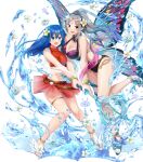  2girls bangs bare_shoulders belt bikini bikini_skirt blue_eyes blue_hair blush bracelet breasts caeda_(fire_emblem) cleavage cleavage_cutout clothing_cutout fairy_wings fire_emblem fire_emblem:_mystery_of_the_emblem fire_emblem_heroes full_body gradient gradient_hair grey_hair hair_ornament high_heels highres holding jewelry large_breasts leg_up long_hair medium_breasts midriff multicolored_hair multiple_girls navel official_art one-piece_swimsuit open_mouth plumeria_(fire_emblem) pointy_ears ponytail purple_hair red_eyes ryouma_(galley) sandals see-through shiny sidelocks smile stomach swimsuit thigh_strap thighs thorns tied_hair toes transparent_background water water_drop wings 