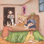  5girls :d =_= absurdres alternate_costume animal_ear_fluff animal_ears apron bangs black_hair blonde_hair blue_shirt bookshelf brown_eyes casual closed_eyes commentary common_raccoon_(kemono_friends) contemporary cup drooling extra_ears fennec_(kemono_friends) fox_ears grey_hair hair_between_eyes highres hippopotamus_(kemono_friends) indoors kaban_(kemono_friends) kajitsu_ohima kemono_friends kotatsu long_hair long_sleeves multicolored_hair multiple_girls open_mouth orange_shirt poster_(object) pot raccoon_ears red_hair red_shirt serval_(kemono_friends) serval_ears shirt short_hair short_ponytail sitting sleeping smile table tatsuki_(person) under_kotatsu under_table |d 