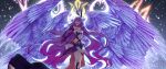  1girl angel_wings bangs bare_shoulders breasts carrier cloud_ya dress elbow_gloves energy_rings feathered_wings gloves hair_between_eyes hair_flaps hair_ornament highres honkai_(series) honkai_impact_3rd large_wings long_hair multiple_wings open_mouth purple_hair seraph sidelocks single_wing sirin skirt small_breasts smile very_long_hair wings 