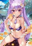  1girl bangs bare_arms bare_shoulders bikini blue_sky blush breasts choker cloud commentary day eyebrows_visible_through_hair flower food front-tie_bikini front-tie_top fruit genshin_impact grin hair_between_eyes hair_cones hair_flower hair_ornament hand_up highres holding holding_food keqing_(genshin_impact) long_hair looking_at_viewer medium_breasts nail_polish navel orange_(food) outdoors pink_eyes popsicle purple_bikini purple_choker purple_eyes purple_hair purple_nails side-tie_bikini sitting sky smile solo squchan stomach swimsuit thighs twintails water white_flower 