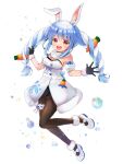  1girl :d animal_ear_fluff animal_ears bangs black_gloves black_legwear black_leotard blue_hair blush braid breasts bunny-shaped_pupils bunny_ears carrot_hair_ornament coat detached_sleeves food-themed_hair_ornament full_body fur-trimmed_coat fur-trimmed_gloves fur_scarf fur_trim gloves hair_ornament highres hikimayu hololive jumping leg_garter leotard leotard_under_clothes long_hair looking_at_viewer mary_janes medium_breasts multicolored_hair open_mouth orange_eyes outstretched_arms outstretched_hand pantyhose playboy_bunny puffy_short_sleeves puffy_sleeves sakamaki_akimu scarf shoes short_eyebrows short_sleeves smile strapless strapless_coat strapless_leotard swept_bangs thick_eyebrows twin_braids twintails two-tone_hair upper_teeth usada_pekora virtual_youtuber white_coat white_footwear white_hair white_scarf white_sleeves 