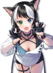  1girl animal_ear_fluff animal_ears bangs black_collar black_gloves black_hair black_shorts blue_eyes breasts cat_ears collar collarbone downblouse ear_piercing eyebrows_visible_through_hair fangs gloves green_eyes hands_up heterochromia highres looking_at_viewer medium_breasts multicolored_hair nekozuki_yuki open_mouth original partially_fingerless_gloves piercing puffy_short_sleeves puffy_sleeves shirt short_shorts short_sleeves shorts signature simple_background solo streaked_hair v-shaped_eyebrows white_background white_hair white_shirt 