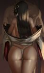  1boy 1girl absurdres ass backboob bare_shoulders breasts from_behind hair_ornament highres large_breasts long_hair minoto monster monster_hunter_(series) monster_hunter_rise pointy_ears shikisokuzeku76 standing taking_off thighs thong 