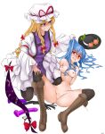  2girls absurdres black_legwear blonde_hair blush boots breasts brown_footwear cat_o&#039;_nine_tails clothed_female_nude_female cross-laced_footwear dildo dress gap_(touhou) grin hair_between_eyes hat headband headwear_removed highres hinanawi_tenshi knee_boots kneeling lace-up_boots long_hair looking_at_another mob_cap multiple_girls nude pan-ooh purple_eyes pussy red_eyes sex_toy smile tabard thighhighs thighhighs_under_boots touhou transparent_background uncensored whip white_dress white_headband yakumo_yukari you_gonna_get_raped yuri 