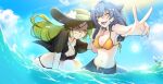  2girls bangs bikini bikini_top breasts english_commentary fish_tail flower green_eyes green_headwear hat hat_flower heterochromia highres indie_virtual_youtuber kuroba_plant long_hair mako_sameshima medium_breasts midriff multiple_girls navel one_eye_closed open_hand open_mouth orange_bikini orange_eyes parted_bangs red_eyes second-party_source shark_tail small_breasts sun_hat sunlight swimsuit tail tiredcatmom tongue tongue_out unbuttoned_shorts v virtual_youtuber water 