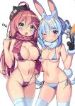  2girls absurdres animal_ears bikini black_gloves blue_hair blush bunny_ears bunny_tail chai_mao contrapposto cowboy_shot fur-trimmed_gloves fur_trim gloves grin groin halter_top halterneck highleg highleg_bikini highres hololive hug long_hair micro_bikini middle_finger multiple_girls navel one_eye_closed pink_hair rabbit_girl sakura_miko scarf side-tie_bikini skindentation smile string_bikini swimsuit tail thighhighs triangle_mouth usada_pekora virtual_youtuber waist_hug white_legwear 