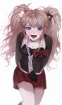  1girl bangs bear_hair_ornament black_bra blonde_hair blue_eyes blush bow bra breasts choker cleavage collarbone commentary_request danganronpa:_trigger_happy_havoc danganronpa_(series) enoshima_junko from_above grey_background hair_ornament highres long_hair looking_at_viewer lower_teeth medium_breasts messy_hair miniskirt necktie open_mouth pleated_skirt red_skirt school_uniform sitting skirt smile solo twintails underwear white_neckwear wonchul 