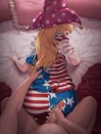  1boy 1girl after_sex all_fours american_flag_dress american_flag_legwear ass blonde_hair clothed_female_nude_male clownpiece cum cum_on_ass fairy_wings from_behind hat hetero highres jester_cap long_hair looking_at_viewer looking_back nude on_bed pantyhose penis pillow pink_headwear pink_pet_bottle polka_dot pov red_eyes short_sleeves solo_focus star_(symbol) star_print striped torn_clothes touhou transparent_wings uncensored wings 
