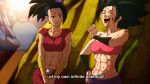  2girls abs absurdres bare_shoulders battle_damage belt big_hair black_eyes black_hair breasts bruise caulifla closed_eyes derivative_work dinortista dragon_ball dragon_ball_super earrings english_text highres injury jewelry kale_(dragon_ball) midriff multiple_girls muscular muscular_female navel open_mouth pants ponytail screencap_redraw shorts smile spiked_hair subtitled tank_top 