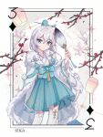  1girl bangs blue_eyes chinese_clothes closed_mouth fan hair_between_eyes hair_ornament highres holding honkai_(series) honkai_impact_3rd lantern long_hair long_sleeves looking_at_viewer seigaaaa solo theresa_apocalypse theresa_apocalypse_(starlit_astrologos) thighhighs white_hair white_legwear zhuge_kongming_(honkai_impact) 