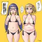  2girls arms_behind_back ass_visible_through_thighs bangs bikini black-framed_eyewear black_bikini blue_hair blush breasts collarbone commentary_request dot_nose eyebrows_visible_through_hair highres inuyama_aoi large_breasts long_hair looking_at_viewer multiple_girls navel oogaki_chiaki open_mouth shigekikkusu shiny shiny_hair side-tie_bikini side_ponytail sidelocks signature skindentation small_breasts speech_bubble standing string_bikini sweat swimsuit tareme thick_eyebrows thick_thighs thighs translated twintails yellow_background yellow_eyes yurucamp 