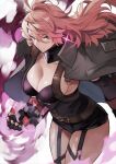  1girl absurdres black_clover black_gloves black_jacket breasts cleavage clenched_hand closed_mouth collarbone cowboy_shot garter_straps gloves hair_between_eyes highres jacket jacket_on_shoulders large_breasts long_hair looking_at_viewer pink_eyes pink_hair smile solo vanessa_enoteca yoshio_(55level) 