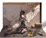  1girl bangs black_gloves black_hair boots broken_ground capelet dog_tags eyebrows_visible_through_hair gloves headgear high_heel_boots high_heels highres injury kim_eb long_hair looking_at_viewer punishing:_gray_raven red_eyes sitting solo standing thigh_boots thighhighs torn_clothes 