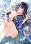  1girl bare_shoulders black_hair blue_eyes blush breasts cleavage closed_mouth fish hime_cut hoshino_koucha japanese_clothes kimono legs_up long_hair looking_at_viewer lying original panties pantyshot solo thighs underwear 