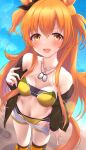 1girl absurdres animal_ears beach blush breasts collarbone commentary_request dog_tags highres horse_ears horse_girl jacket long_hair looking_at_viewer mayano_top_gun_(umamusume) navel open_mouth orange_eyes orange_hair sky small_breasts solo swimsuit tetori_(tetolisto) umamusume wet 