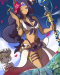  2girls black_hair blue_eyes bow_(weapon) breasts dark-skinned_female dark_skin dragalia_lost highres holding holding_bow_(weapon) holding_weapon large_breasts multiple_girls official_alternate_costume one_eye_closed potato_jetro swimsuit upper_body verica weapon 