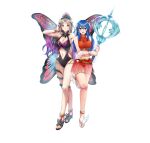  2girls absurdres bangs bare_shoulders belt bikini bikini_skirt blue_eyes blue_hair blush bracelet breasts caeda_(fire_emblem) cleavage closed_mouth clothing_cutout commentary_request facial_mark fairy_wings fire_emblem fire_emblem:_mystery_of_the_emblem fire_emblem_heroes forehead_mark full_body grey_hair hair_ornament hand_up high_heels highres holding jewelry large_breasts leg_up long_hair looking_at_viewer medium_breasts multiple_girls navel navel_cutout official_art one-piece_swimsuit open_mouth plumeria_(fire_emblem) ponytail ryouma_(galley) sandals see-through shiny shiny_hair simple_background smile standing stomach swimsuit thigh_strap thorns tied_hair toes white_background wings 
