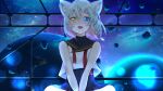  1girl animal_ear_fluff animal_ears bangs blue_dress blue_eyes commentary_request dress eyebrows_visible_through_hair fang hair_ornament hairclip heterochromia highres kazama_gorou looking_at_viewer medium_hair meteor original planet red_neckwear scenery smile solo space virtual_youtuber yellow_eyes 
