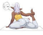  1girl ass bare_shoulders barefoot bartender commentary_request dark_skin elf-san_wa_yaserarenai. highres kuroeda-san long_hair pants pointy_ears ponytail simple_background solo spoken_expression thick_thighs thighs tobias_leviathan white_hair yoga yoga_mat yoga_pants 