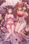  2girls :p absurdres angelina_(arknights) animal_ears arknights bangs bare_shoulders barefoot bikini black_choker blush breasts brown_hair choker cleavage collarbone eyebrows_visible_through_hair eyjafjalla_(arknights) flower highres horns huge_filesize jewelry jinjide_shaonian large_breasts long_hair looking_at_viewer lying medium_breasts multiple_girls navel necklace off_shoulder on_back pink_bikini red_eyes sitting smile swimsuit thigh_strap tongue tongue_out twintails 