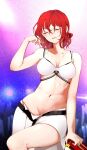  1girl absurdres belt bikini blush bra closed_eyes drum drumsticks hand_in_hair highres horikawa_raiko instrument kaisenpurin navel open_mouth red_hair sitting_on_drum skirt stomach sweat swimsuit taiko_drum touhou underwear white_bikini white_bra white_skirt 