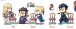  1girl 6+boys ahoge alexander_(fate) armor artoria_pendragon_(all) bangs bedivere_(fate) belt black_hair blonde_hair blue_hair braid braided_ponytail breasts chair closed_mouth cup diarmuid_ua_duibhne_(fate/grand_order) dress eyebrows_behind_hair eyebrows_visible_through_hair fate/grand_order fate/zero fate_(series) fionn_mac_cumhaill_(fate/grand_order) gawain_(fate) hagino_kouta hair_between_eyes hair_ribbon lancelot_(fate/grand_order) long_hair multiple_boys open_mouth purple_hair red_hair ribbon saber short_hair silver_hair simple_background sitting smile standing tristan_(fate) white_background yellow_eyes 