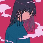  1girl bangs black_hair blue_shirt bright_pupils expressionless highres long_hair looking_at_viewer original pink_background purple_eyes shi_oo shirt simple_background smoke solo upper_body white_pupils 