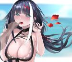  azur_lane bangs bikini black_hair blue_eyes blush breasts deutschland_(azur_lane) eyebrows_visible_through_hair highres keishi_surota large_breasts multicolored_hair open_mouth sharp_teeth streaked_hair swimsuit teeth thumb_to_mouth tongue tongue_out 