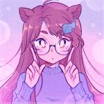  1girl animal_ears artist_name bangs blush brown_eyes brown_hair closed_mouth dreamysuite eyebrows_visible_through_hair futatsuiwa_mamizou glasses gradient gradient_background hands_up leaf leaf_on_head long_hair long_sleeves looking_at_viewer lowres multicolored multicolored_background pink_background pink_nails purple_background purple_sleeves purple_sweater raccoon_ears solo sparkle sweater touhou 