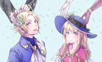  2boys 2girls bangs blonde_hair blue_background clarine_(fire_emblem) collarbone eyebrows_visible_through_hair fire_emblem fire_emblem:_the_binding_blade fire_emblem:_the_blazing_blade fire_emblem_heroes flower gloves hair_between_eyes hair_flower hair_ornament hat klein_(fire_emblem) long_hair long_sleeves louise_(fire_emblem) multiple_boys multiple_girls parent_and_child pent_(fire_emblem) purple_eyes short_hair siblings smile t_misaomaru 