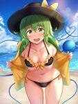  1girl :d beach bikini black_bikini black_bra black_headwear black_panties bra breasts collared_shirt cowboy_shot day frilled_bra frills green_eyes green_hair hair_between_eyes happy hat hat_ribbon heart heart_of_string highres komeiji_koishi leaning_forward looking_at_viewer medium_breasts medium_hair nagomian navel no_pants one_eye_closed open_clothes open_mouth open_shirt outdoors panties ribbon self_exposure shirt side-tie_bikini side-tie_panties smile solo swimsuit third_eye touhou underwear upper_body yellow_ribbon yellow_shirt 