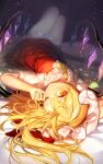  1girl ascot blonde_hair closed_mouth commentary_request duplicate flandre_scarlet fuupu hair_between_eyes hat hat_ribbon highres knees_up long_hair looking_at_viewer lying mob_cap on_back on_bed one_eye_closed pixel-perfect_duplicate red_eyes red_ribbon red_skirt red_vest ribbon shirt short_sleeves skirt solo tilted_headwear touhou vest white_headwear white_shirt wings yellow_neckwear 