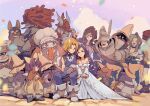  5girls 6+boys adelbert_steiner armor azukimomonaka baku_(ff9) beatrix_(ff9) black_mage blank blonde_hair brown_hair cinna confetti couple crying dress eiko_carol everyone eyepatch final_fantasy final_fantasy_ix freija_crescent garnet_til_alexandros_xvii good_end happy hat highres horns leaning_on_person marcus multiple_boys multiple_girls puck_(ff9) quina_quen ruby_(ff9) salamander_coral single_horn smile tears vivi_ornitier zidane_tribal 