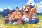  1boy abs alca animal_ears bara beard black_hair bulge character_request commission denim denim_shorts dreepy extra_ears facial_hair field flower flower_field full_body gen_8_pokemon gyee holding holding_poke_ball jewelry legendary_pokemon lion_boy lion_ears lion_tail male_focus mature_male muscular muscular_male necklace nipples original pectorals petals poke_ball pokemon pokemon_(creature) scorbunny shirtless shoes short_hair shorts sideburns sleeping smile sneakers spread_legs starter_pokemon stomach tail thick_eyebrows thighs undercut zacian zacian_(crowned) zixiong_zix 