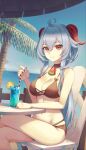  1girl absurdres ahoge bare_arms bare_shoulders bikini black_bikini black_choker blue_hair breasts choker cleavage crossed_legs cup day drinking_glass drinking_straw ganyu_(genshin_impact) genshin_impact goat_horns highres horns huge_filesize long_hair looking_at_viewer low_ponytail medium_breasts multi-strapped_bikini navel outdoors red_eyes sitting smile solo stomach string_bikini swimsuit thighs tropical_drink wakum 