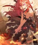  angry arknights artist_request bare_shoulders chest_strap demon_girl demon_horns fire glowing glowing_eyes horns image_sample purple_eyes red_hair surtr_(arknights) sword weapon weibo_sample 