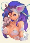  1girl animal_ears blue_eyes blue_hair breasts breasts_apart cat_ears cat_girl felicia_(vampire) forehead headband hungry_clicker large_breasts long_hair looking_at_viewer one_eye_closed paw_pose smile traditional_media upper_body vampire_(game) 
