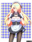  1girl alternate_costume apron black_gloves black_legwear blonde_hair blue_ribbon blush breasts checkered checkered_background choker cleavage closed_mouth cowboy_shot cynthia_(pokemon) dress enmaided frilled_apron frills gloves glowing glowing_eyes green_eyes hair_ornament hair_over_one_eye heart heart_hands highres large_breasts lips long_hair looking_at_viewer madoka_(user_zrnk8278) maid maid_apron maid_headdress neck_ribbon pantyhose pokemon pokemon_(game) pokemon_dppt ribbon shiny shiny_hair short_dress short_sleeves simple_background smile solo 