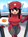  1girl :d absurdres asta_rindo black_eyes black_hair blush_stickers bodysuit bodysuit_under_clothes breasts day entrance gloves highres holding large_breasts long_hair looking_at_viewer open_mouth original pizza_box pizza_delivery rariatto_(ganguri) red_headwear red_shirt robot_ears shirt smile solo standing 