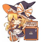  1girl amplifier_(instrument) apron black_footwear black_headwear black_skirt black_vest blonde_hair blush bow braid chibi commentary electric_guitar eyebrows_visible_through_hair food frilled_skirt frills fruit grin guitar hair_between_eyes hair_ribbon hat holding instrument kirisame_marisa kyouda_suzuka leaning_on_object long_hair looking_at_viewer mandarin_orange puffy_short_sleeves puffy_sleeves ribbon shirt short_sleeves single_braid skirt smile smirk solo speaker standing star_(symbol) striped striped_bow teeth touhou turtleneck vest waist_apron white_background white_shirt witch_hat yellow_eyes 