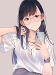  1girl adjusting_hair bangs black_hair blush closed_mouth earrings glasses grey_skirt hand_up highres holding holding_phone jewelry long_hair looking_at_viewer mole mole_under_eye nail_polish necklace office_lady original phone purple_eyes saitou_(lynx-shrike) shirt short_sleeves simple_background skirt solo watch white_shirt 