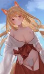  1girl absurdres animal_ear_fluff animal_ears ass_visible_through_thighs bangs bare_shoulders blonde_hair blue_sky blush breasts cleavage closed_mouth collarbone day dutch_angle eyebrows_visible_through_hair floating_hair fundoshi groin hakama highres japanese_clothes jfjf kimono large_breasts long_hair long_sleeves looking_at_viewer low_ponytail miko navel off_shoulder orange_eyes original outdoors red_hakama sky solo thigh_gap very_long_hair white_kimono wide_sleeves 