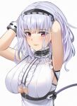  1girl apron armpits azur_lane black_headwear black_skirt breasts center_frills clothing_cutout dido_(azur_lane) earrings eyebrows_visible_through_hair frilled_shirt frills hairband hands_in_hair highres huge_breasts jewelry long_hair looking_at_viewer red_eyes shirt simple_background skindentation skirt sleeveless sleeveless_shirt solo thighhighs underboob underboob_cutout waist_apron wejil white_apron white_background white_legwear white_shirt 