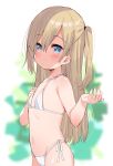  1girl bangs bare_arms bare_shoulders bikini blonde_hair blue_eyes blurry blurry_background blush closed_mouth copyright_request depth_of_field eyebrows_visible_through_hair flat_chest from_side hair_between_eyes hands_up highres long_hair looking_at_viewer looking_to_the_side meito_(maze) navel one_side_up side-tie_bikini solo swimsuit very_long_hair white_background white_bikini 